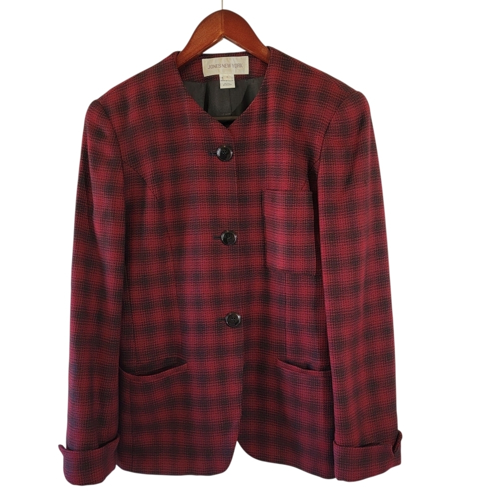 VTG Jones New York Red Black Plaid 100% Wool Blazer Sz 6 Academia Preppy Office